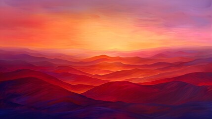 Obraz premium Sunset Over a Desert Dune, Illustrate the dramatic contrast of a desert landscape at sunset, viewed from above. The sky above is a canvas of vibrant reds and purples.