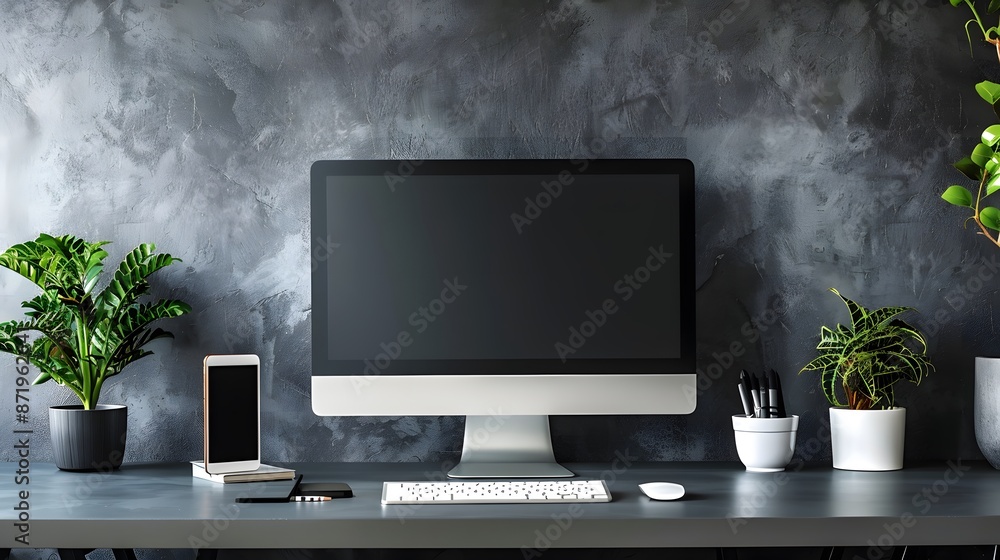Fototapete A sleek workspace featuring a high-tech computer and wireless accessories, positioned against a cool grey wall. Web banner format with ample negative space on the left for text or graphics.