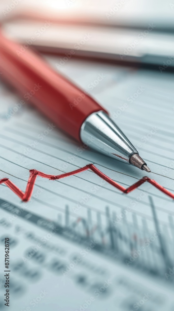 Poster a red pen is on top of a piece of paper with graphs and numbers
