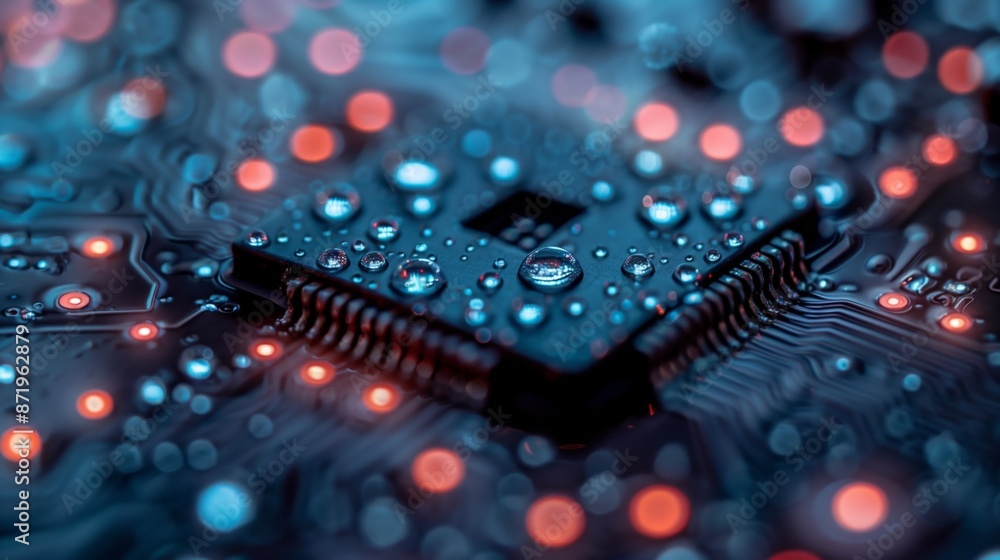Poster A close-up shot of a circuit board with water droplets on top. The board is illuminated with red and blue lights, creating a colorful and abstract effect.