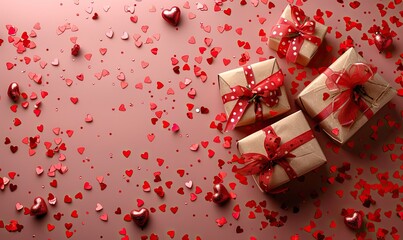 valentine or mother day banner design, gift boxes red heart confetti on pastel pink background.stock photo