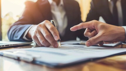 Client and lawyer handle paperwork, contracts, legal advice, applications, and letters. Financial advisor, broker, consulting report, documentation, and signing contract closeup.