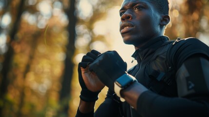 Anonymous Indian man standing outside using his watches to time his workout and check his pulse thereafter. Athletic athlete measuring heart rate after training