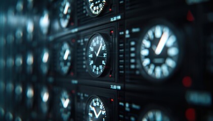 Close-up view of a wall filled with analog clocks displaying different times, creating a sense of global time zones and time management.