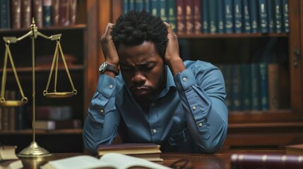 Obraz premium Black lawyer with headache, worry, agony, and frustration over law company court case. Lawyer tiredness, confusion, and legal study analysis