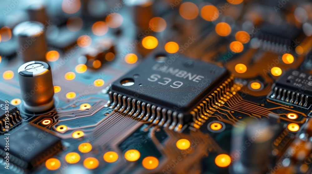 Poster A close-up shot of a circuit board with a microchip, featuring intricate circuitry and glowing components.