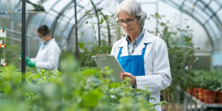 Scientist, lady, greenhouse plant checklist, farming inspection, quality assurance, and growth. Senior farmer or scientist checks plants and veggies for food security.
