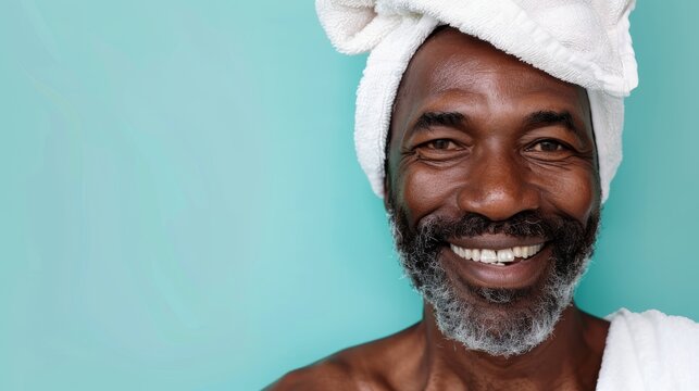 Senior man, shower, and towel for cleansing, cosmetics, and hygiene on blue studio background. For beauty, retirement, and luxury, black male, older guy and cloth for skincare, dry, and spa body care
