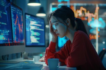A cyber assault, virus, or problem causes Asian women business worry. Anxiety, depression, and serious individual with ransomware data graphs in phishing overlay.
