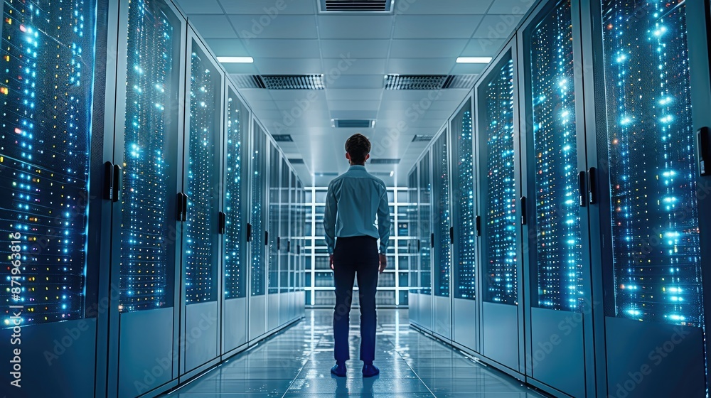 Poster engineer working in front of the racks, server racks in a data center. generative ai.