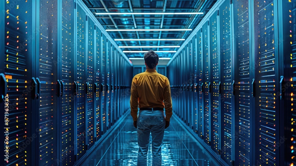 Poster Engineer working in front of the racks, Server racks in a data center. Generative AI.