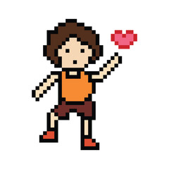 Cute pixel cartoon 8bit character man exercises training dance lifestyle music decoration life style 8 bit male boy dance with music game fitness isolated PNG vector.