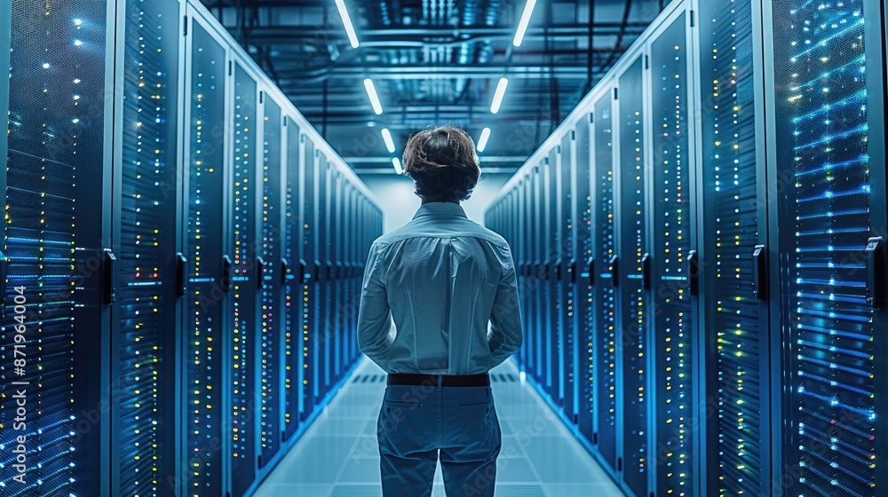 Poster Engineer working in front of the racks, Server racks in a data center. Generative AI.