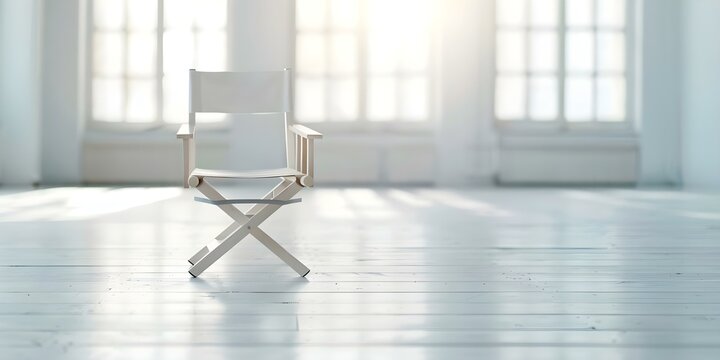Director's chair placed at the center of an empty film studio set. Concept Set Design, Director's Chair, Film Studio, Centered Placement, Empty Space