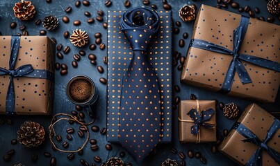 happy fathers day flat lay composition, gift boxes necktie cup of coffee glasses on dark blue background.illustration