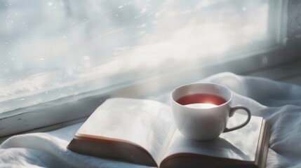 Cozy morning with an open book and a cup of tea by a frosted window, perfect for relaxing and enjoying the winter scenery indoors.