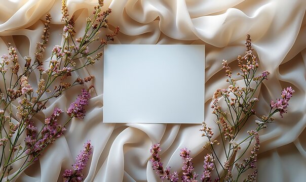 blank white paper card on satin fabric, dried flowers flat lay top view copy space wedding invitation card design.stock photo
