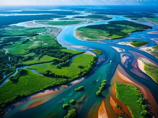 aerial view capturing the geometric patterns of a river delta in vibrant hues