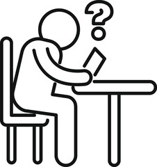 Line drawing of a student sitting at a desk reading a book and thinking about a question mark