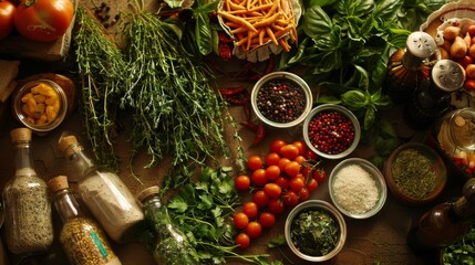 A beautiful arrangement of ingredients ready to be cooked: herbs, spices, and fresh produce