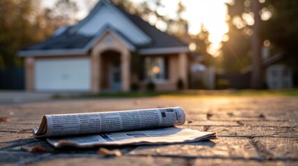 Obraz premium newspaper lying in front of a beautiful house out of focus at sunrise