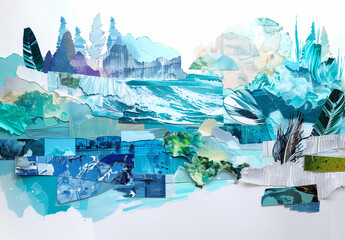 Paper blue abstract nature photo collage in mixed style with different pieces of paper in blue and turquoise  colors and watercolor splashes, trees and mountains