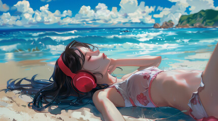 Cute anime girl laying on beach at bright summer day  wearing swimming suit and red headphones and listening to music