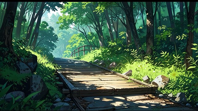 A serene forest scene with a bridge surrounded by greenery anime wallpaper