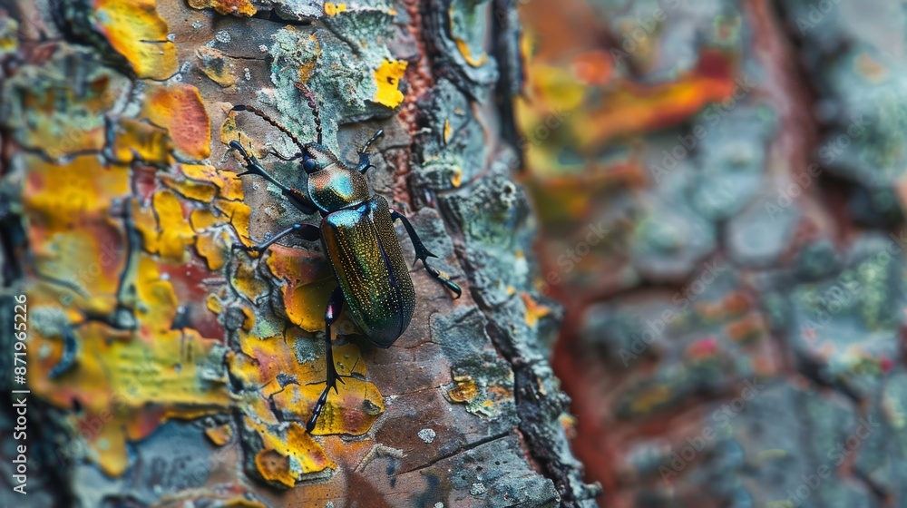 Poster A beetle crawling on a textured tree bark, showcasing its intricate patterns