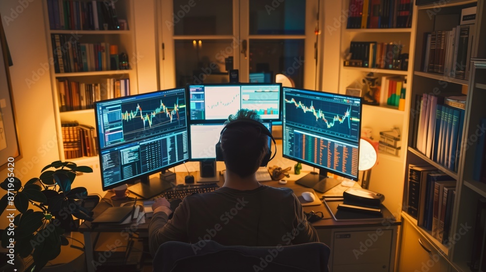 Poster A man sits at his desk, looking at several computer screens displaying stock market data. He appears focused on analyzing charts and graphs.