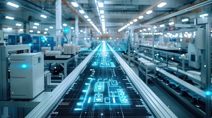 Fototapeta premium Modern manufacturing shop floor, holographic overlays symbolizing data flows between different manufacturing equipment, trays with manufactured parts at various locations in the shop floor.