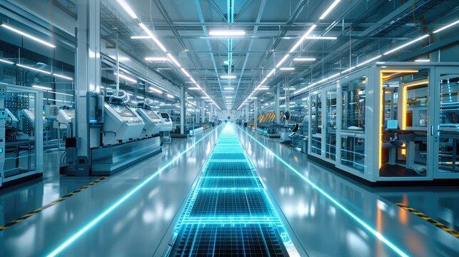 Modern manufacturing shop floor, holographic overlays symbolizing data flows between different manufacturing equipment, trays with manufactured parts at various locations in the shop floor. - Powered by Adobe