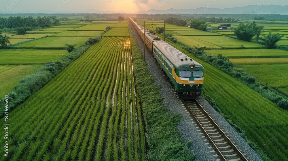 Aufkleber a train running on track, paddy field background. aerial high view. generative ai.