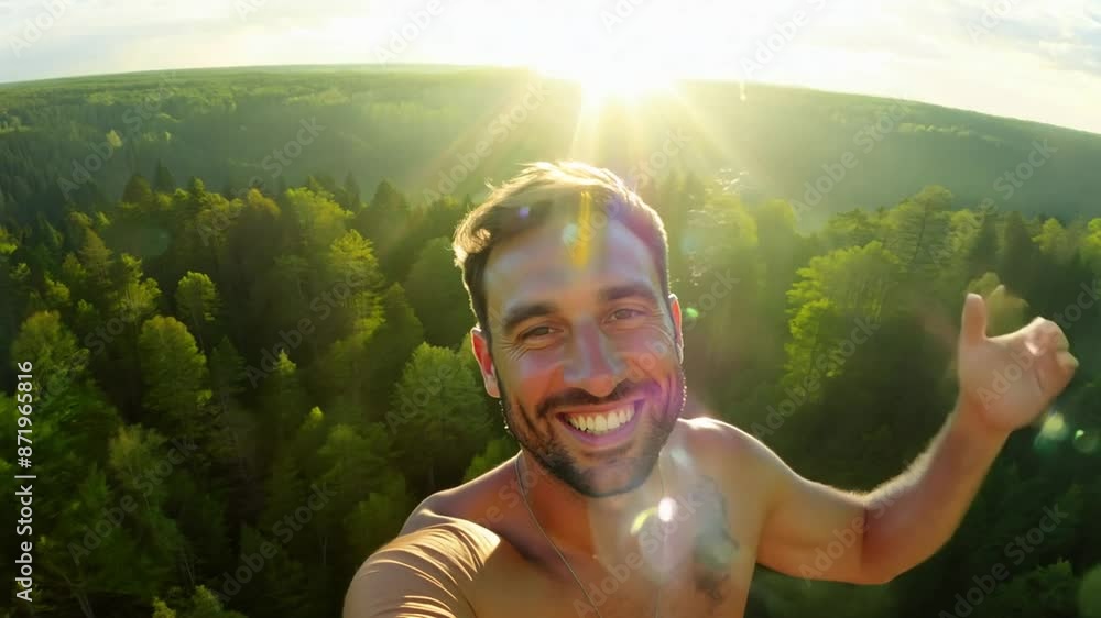 Poster man taking selfie in forest at sunset generative ai