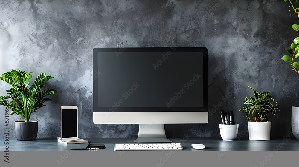 Fototapete A sleek workspace featuring a high-tech computer and wireless accessories, positioned against a cool grey wall. Web banner format with ample negative space on the left for text or graphics.