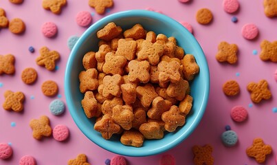 pet accessories bowl of dry feed toys top view flat lay.stock image