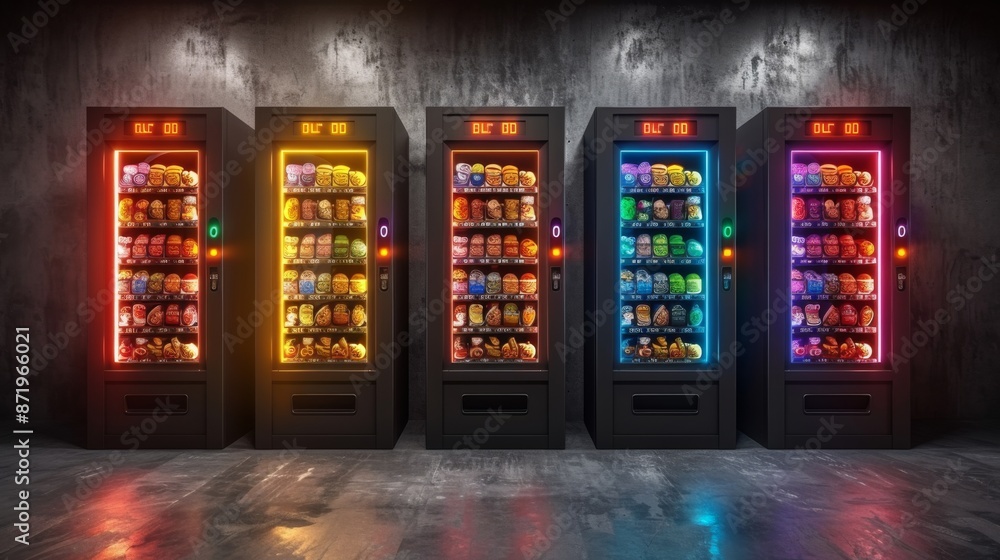 Poster create a neon light representation of a classic vending machine, glowing with colorful buttons and t