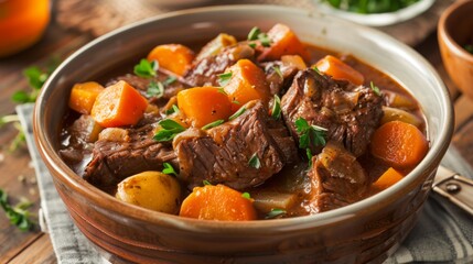 A bowl of hearty beef stew with chunks of tender meat, carrots, and potatoes