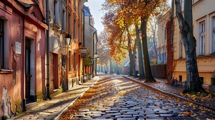 Fototapeta premium Autumn view of the birch street in the morning in Warsaw's Old Town, Poland
