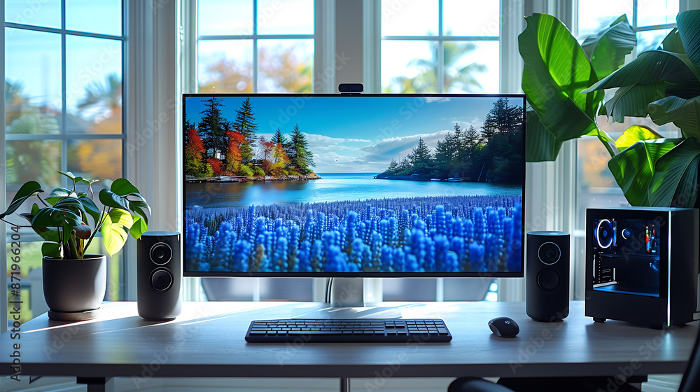 Poster modern office setup with a large monitor displaying a scenic landscape, surrounded by plants, speake