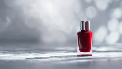 Elegant red nail polish bottle on a smooth surface with a blurred silver bokeh background. Perfect for beauty and cosmetic themes.