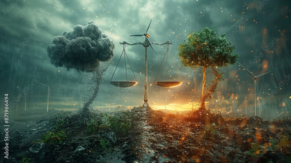 Poster create a visual metaphor of a scale with one side weighted down by black clouds of carbon emissions 