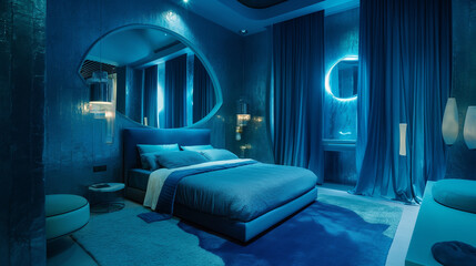 interior design of bedroom, complementary color scheme of blue, art deco interior style, Generative AI