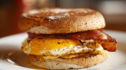 A breakfast sandwich with egg, bacon, and cheese on a toasted English muffin