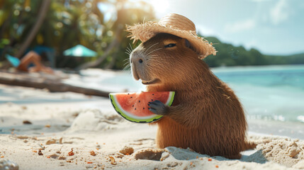Cute capybara in a straw hat on a beach at bright summer shinny day eating watermelon