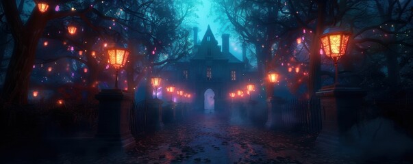 Obraz premium Enchanting night scene of a mysterious castle illuminated by glowing lamps and surrounded by fog and eerie, dark forest.