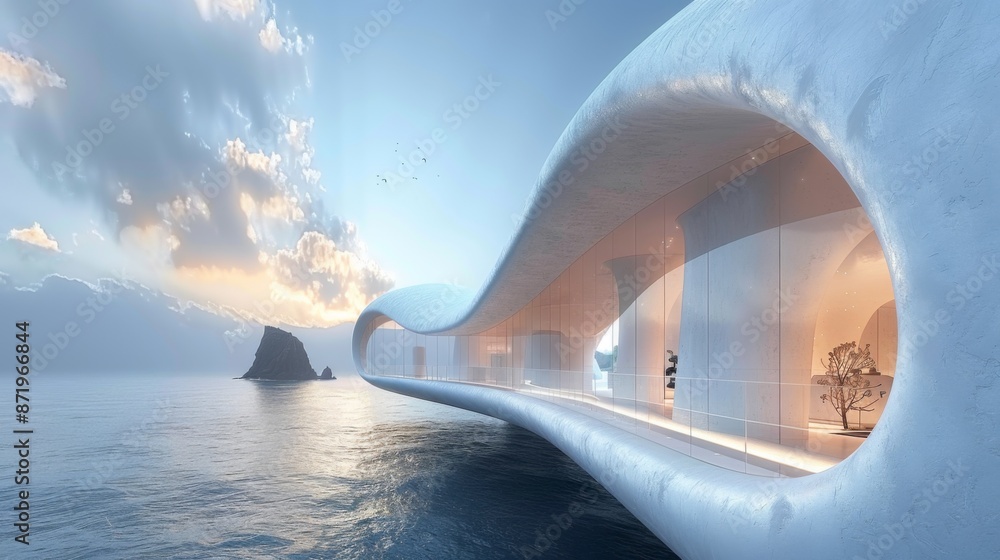 Poster create an image of a futuristic oceanic expressway with lanes suspended above the waters surface, al