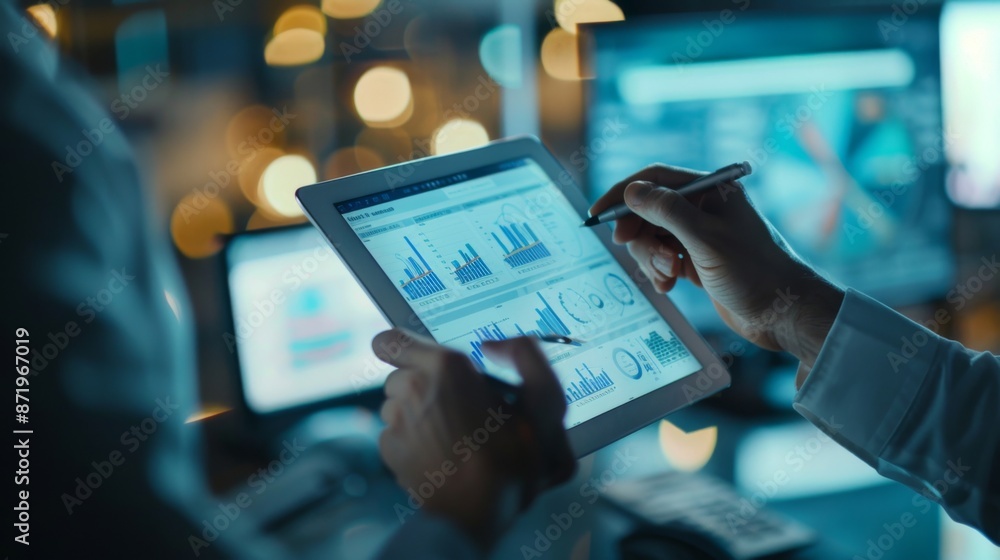 Poster a business analyst analyzing data trends on a tablet with interactive graph visualizations