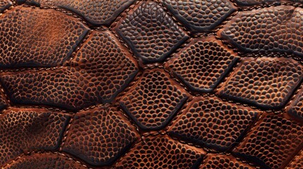 A close-up image of the textured leather surface of an American football. The intricate pattern of the stitching and the small dimples creates a visually interesting texture