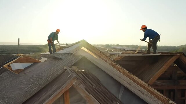 Two Workers Repairing Roof at Sunset Generative AI